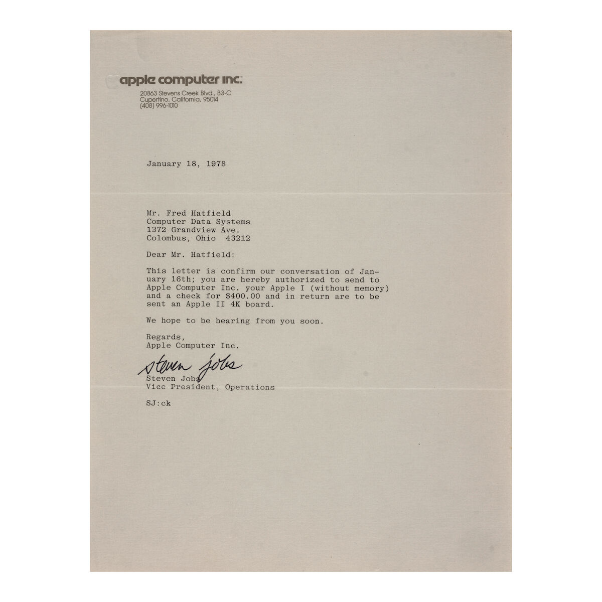 Lettre à en-tête Apple Computer Inc. datée du 18 janvier 1978, signée par Steve Jobs.