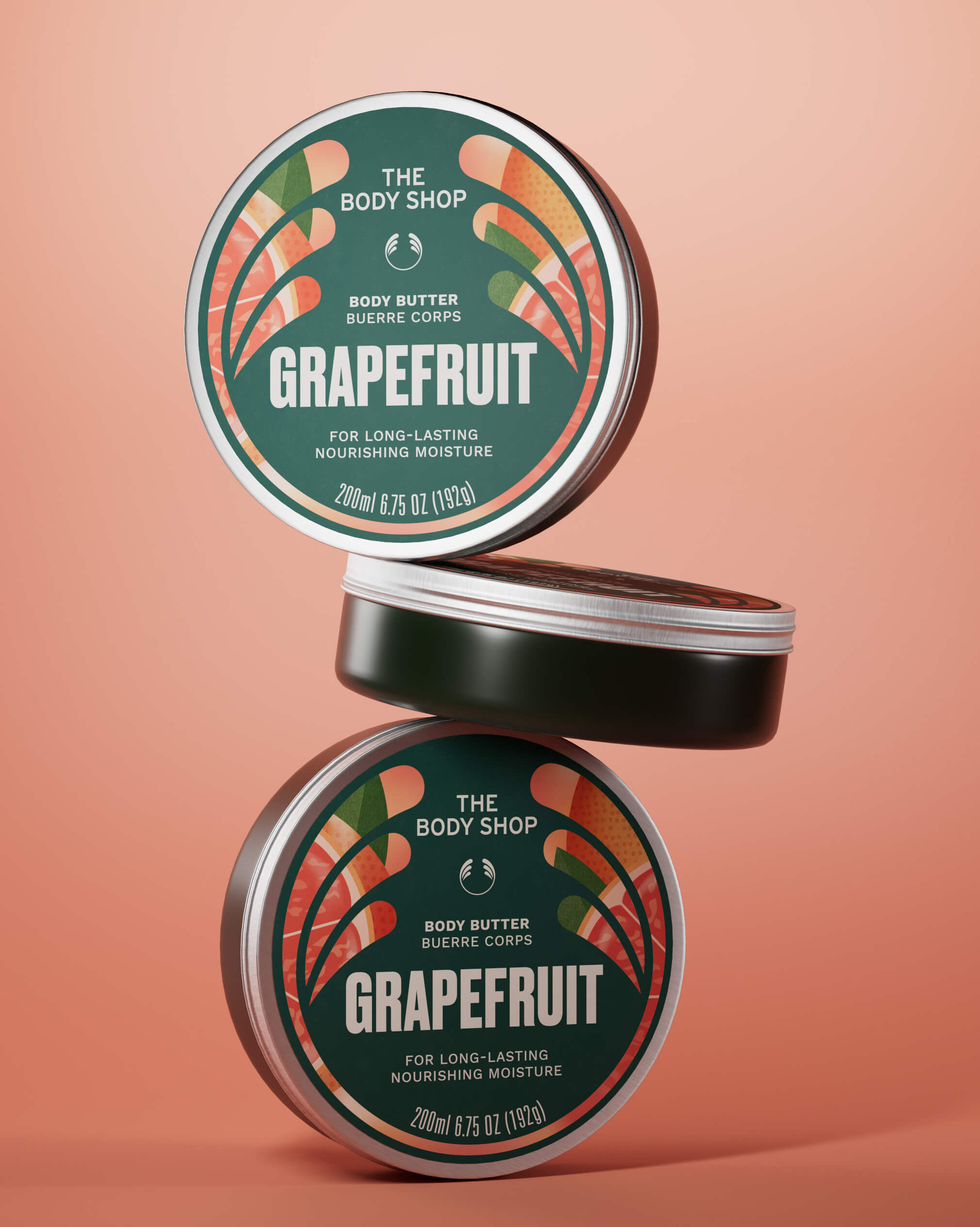 Pots Body Butter au pamplemousse : Pod vert et illustrations d’ingrédients sur le couvercle.