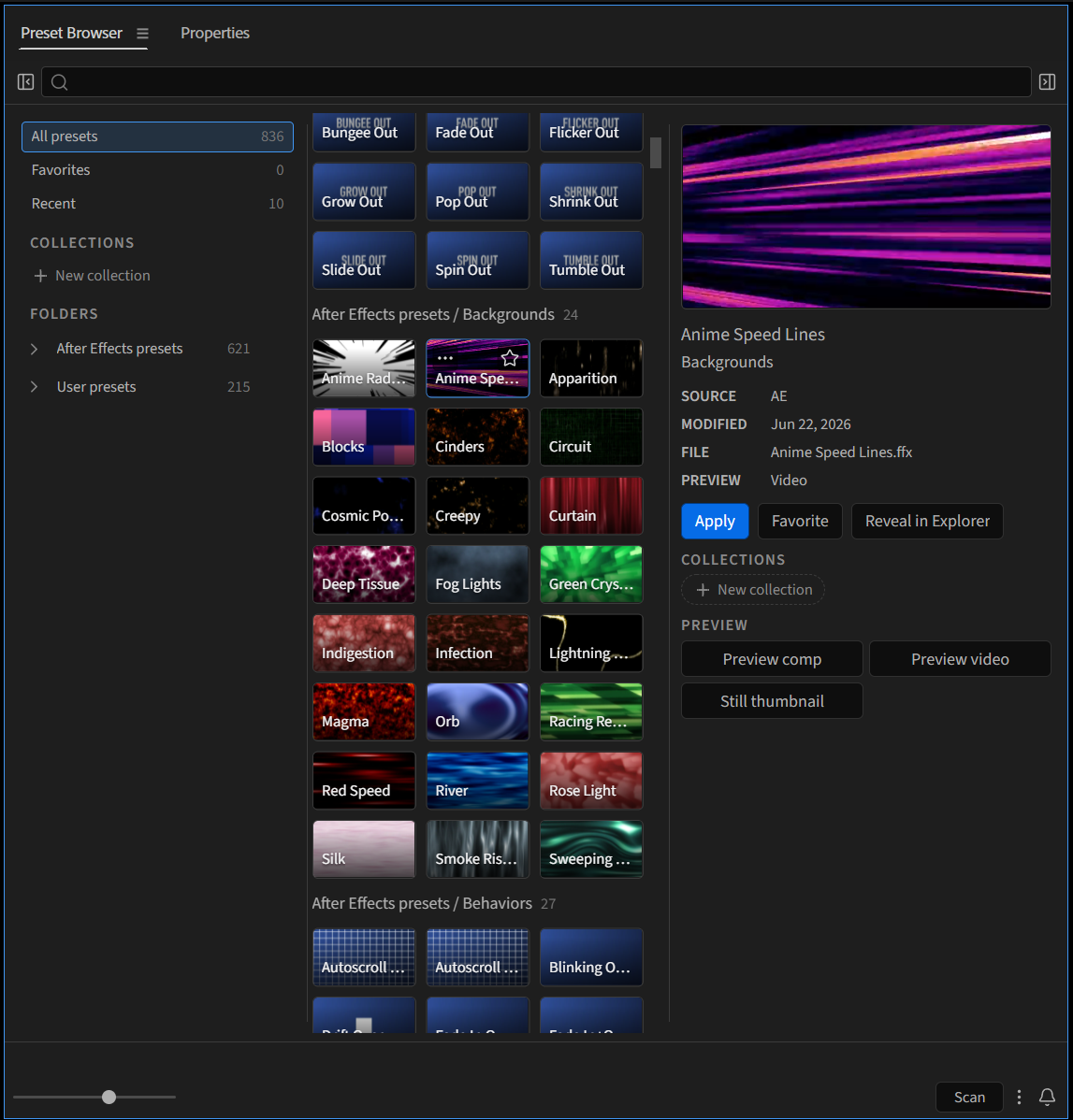 Le panneau affiche une bibliothèque de presets et une zone de prévisualisation.