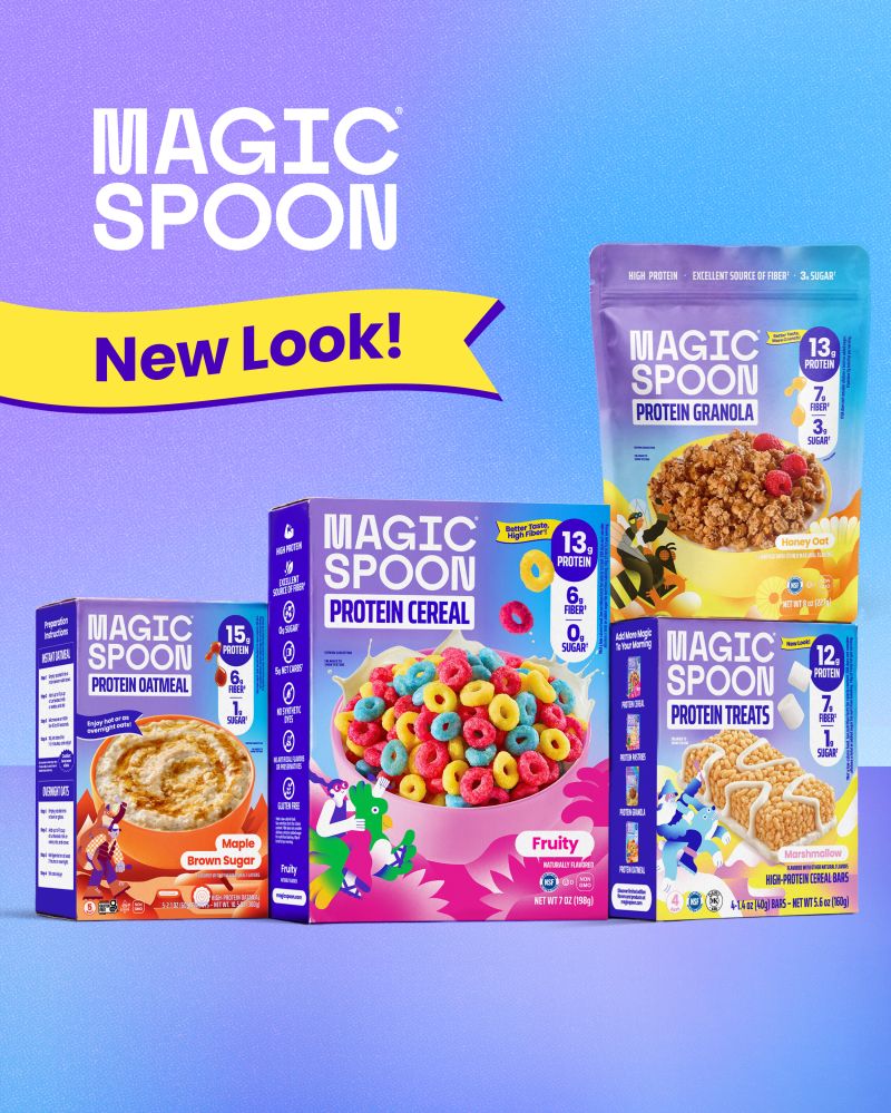 Visuel « New Look! » de Magic Spoon : boîtes de céréales, granola, flocons et barres sur fond bleu-violet