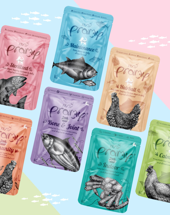 La gamme de nourriture humide PRAMY présentée sur son site officiel.