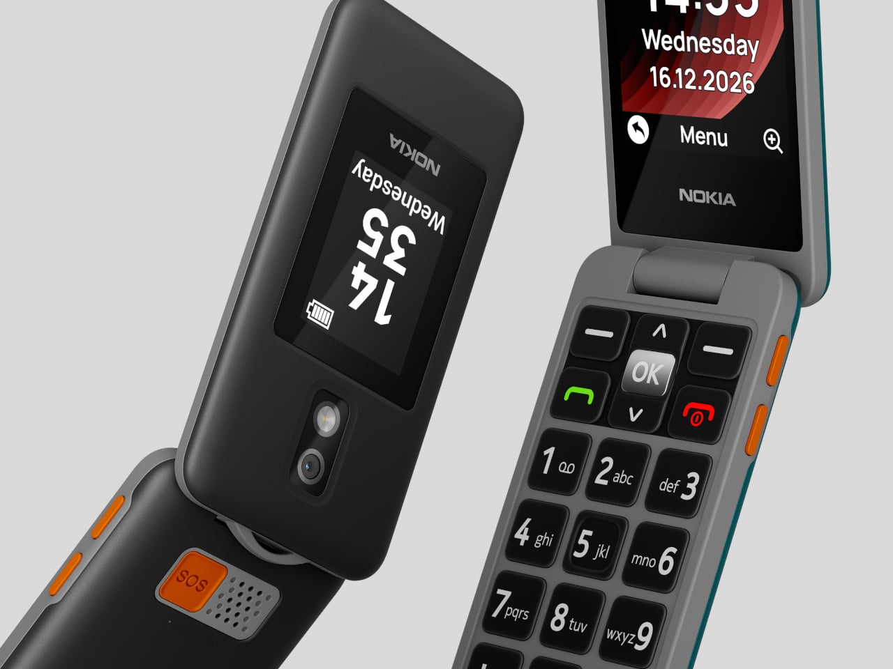 Deux vues du Nokia 2360 Flip : écran externe et bouton SOS orange au dos, clavier à grandes touches ouvert