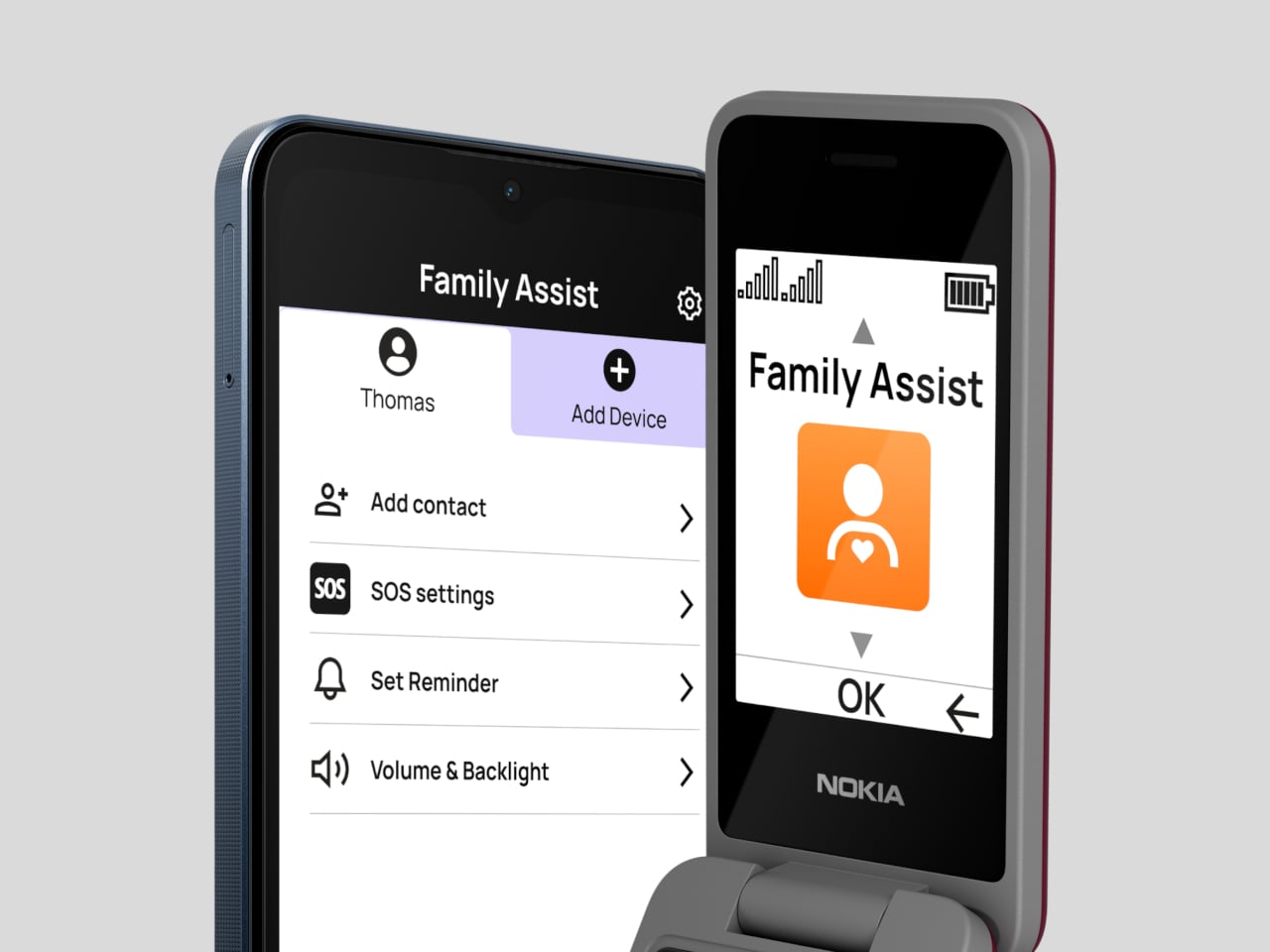 Écran de l'application Family Assist sur un smartphone à côté du Nokia 2360 Flip affichant Family Assist