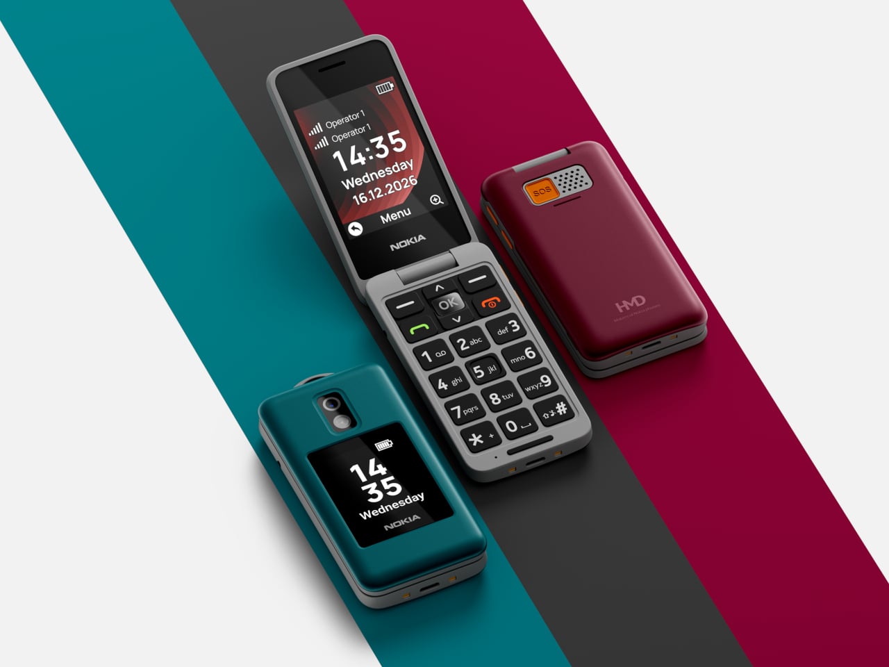 Le Nokia 2360 Flip dans ses trois coloris, bleu canard, anthracite et rouge bordeaux, ouvert et fermé