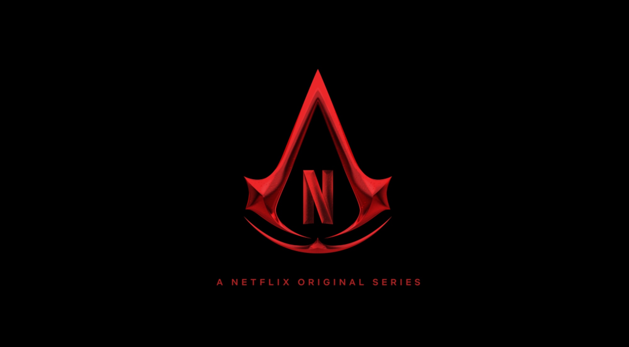 Emblème rouge d'Assassin's Creed avec un N de Netflix en son centre sur fond noir