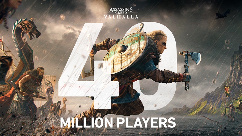 Eivor courant bouclier au bras, devant le chiffre 40 et la mention million players, logo Assassin's Creed Valhalla en haut