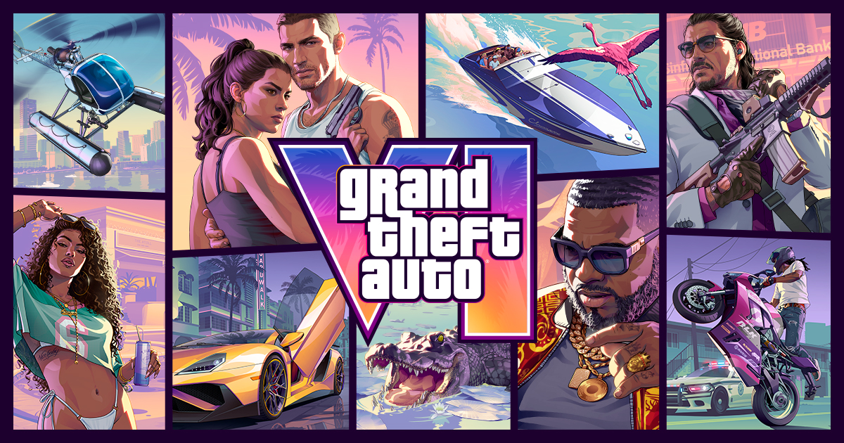 Visuel officiel de Grand Theft Auto VI : Jason et Lucia, un hélicoptère, un hors-bord, un alligator et des personnages de Leonida autour du logo.