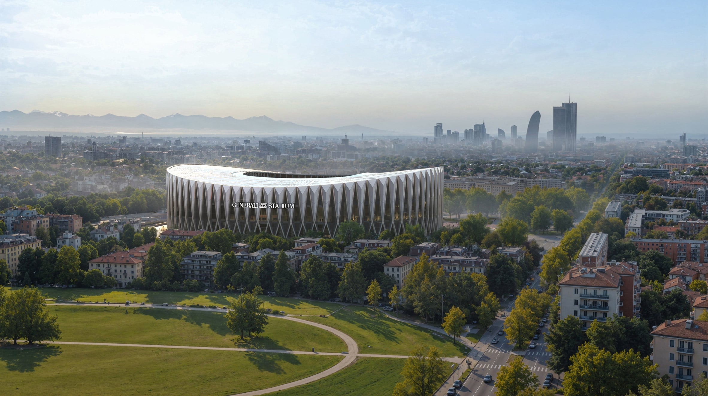 Rendu du Generali Stadium vu de l'extérieur, façade en béton à éléments en X.