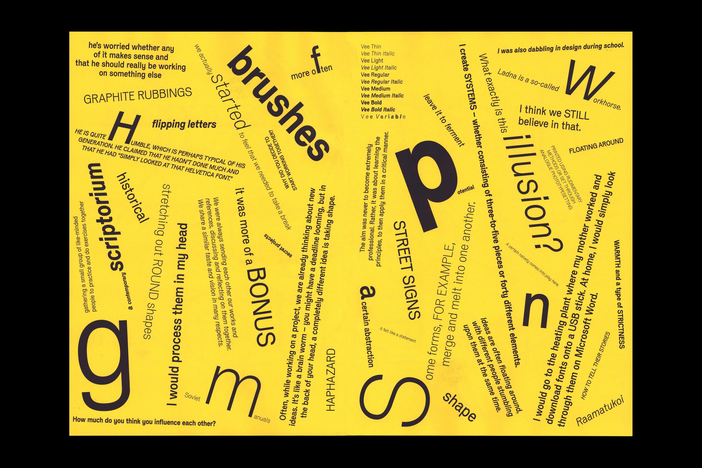 Page jaune du spécimen Vee publiée par Tüpokompanii.