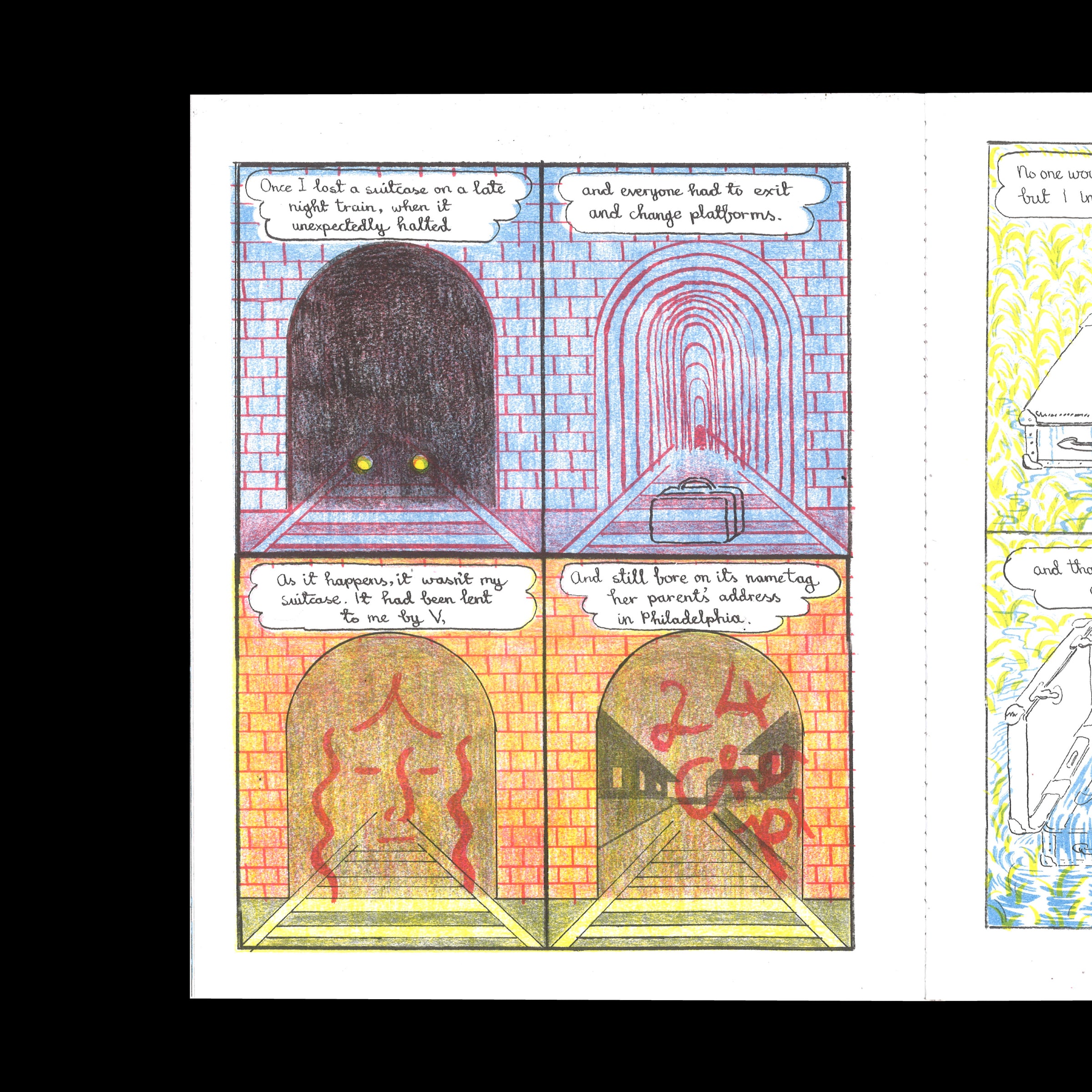 Une double page de The Suitcase montre plusieurs scènes dessinées en couleurs.